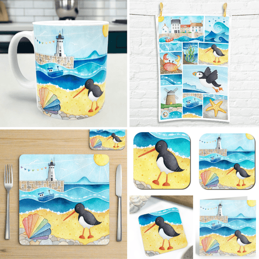 Oystercatcher Gift Bundle - Anstruther Lighthouse - Mug, Coasters, Placemat, Tea Towel, Fridge Magnet, Card - Save £5 - East Neuk Beach Crafts