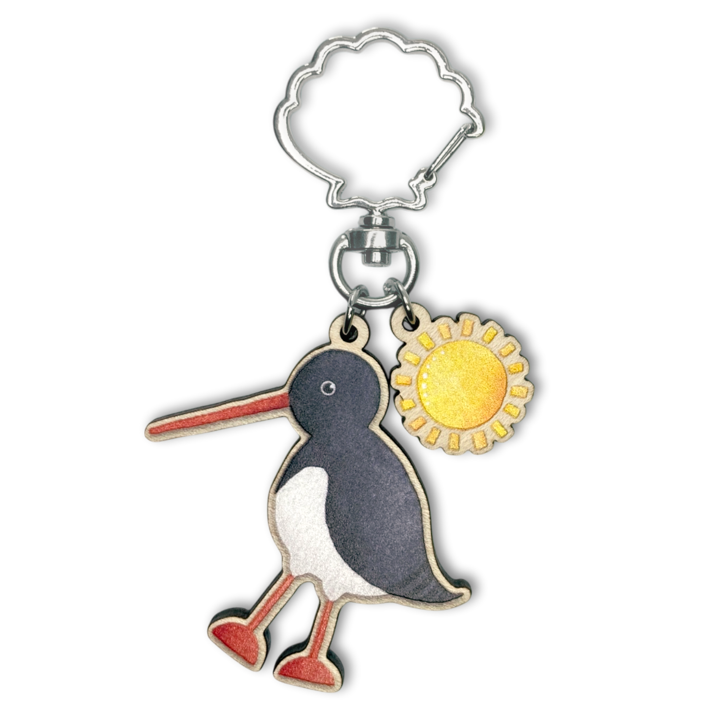 Wooden Keyring - Oystercatcher and Sun - Maple Wood Key Chain with Shell Clasp