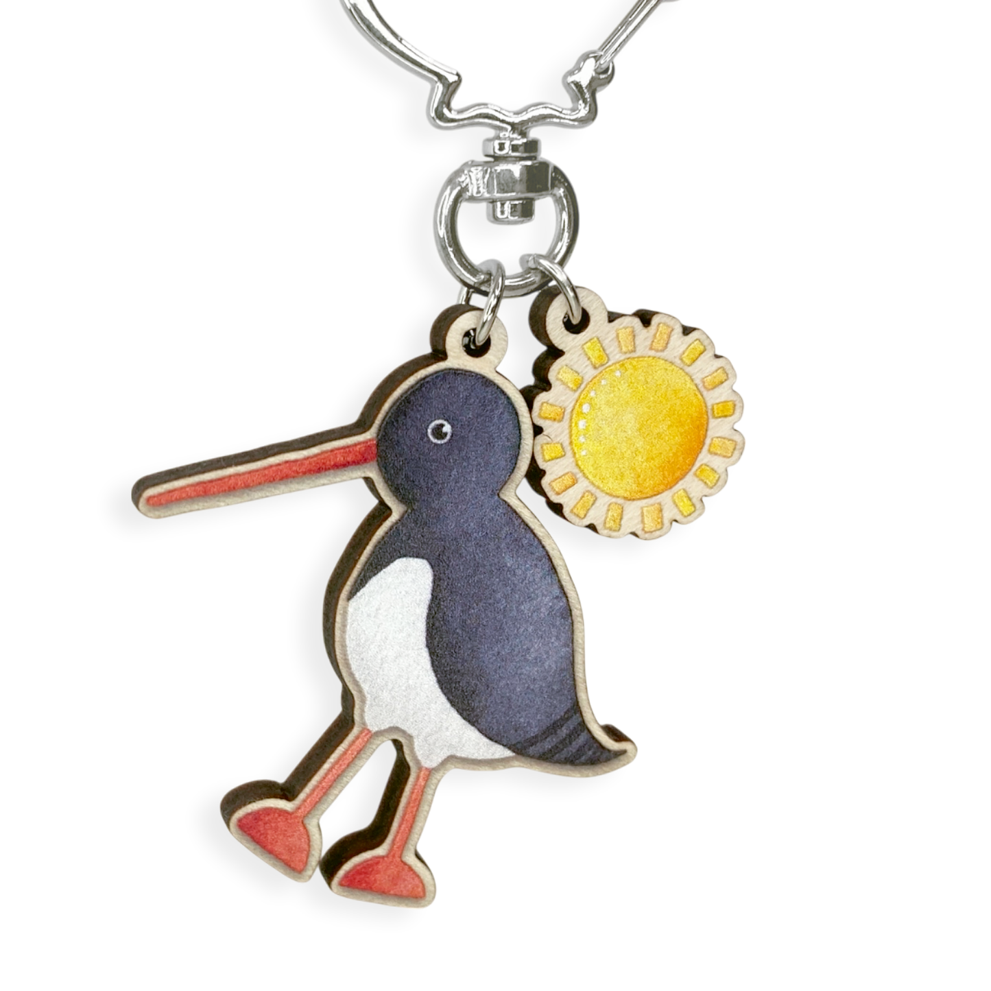 Wooden Keyring - Oystercatcher and Sun - Maple Wood Key Chain with Shell Clasp