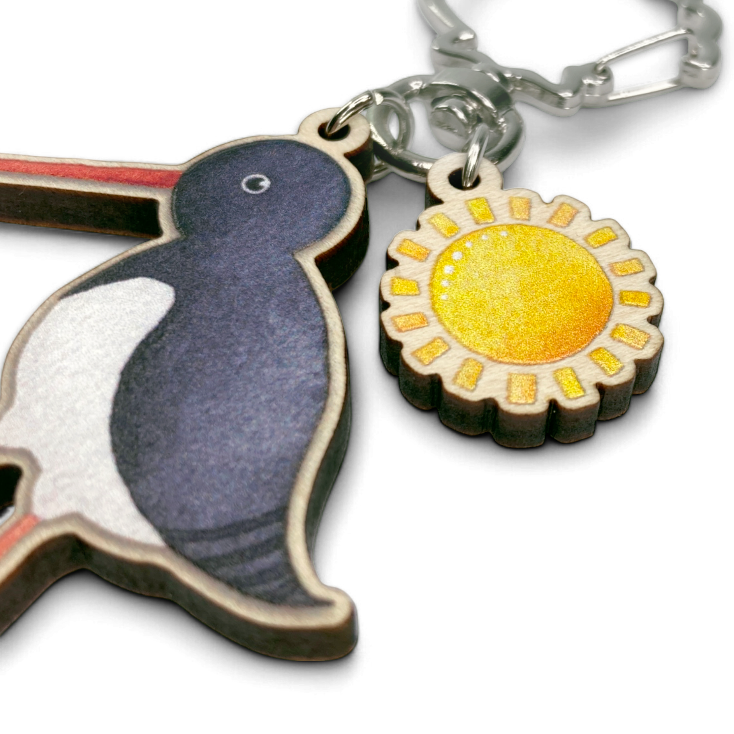 Wooden Keyring - Oystercatcher and Sun - Maple Wood Key Chain with Shell Clasp