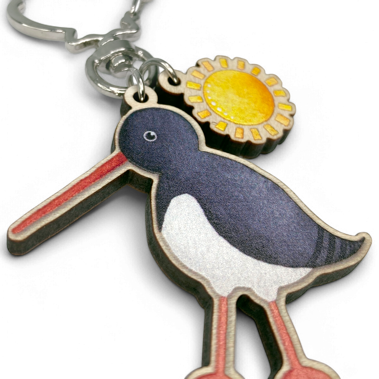 Wooden Keyring - Oystercatcher and Sun - Maple Wood Key Chain with Shell Clasp