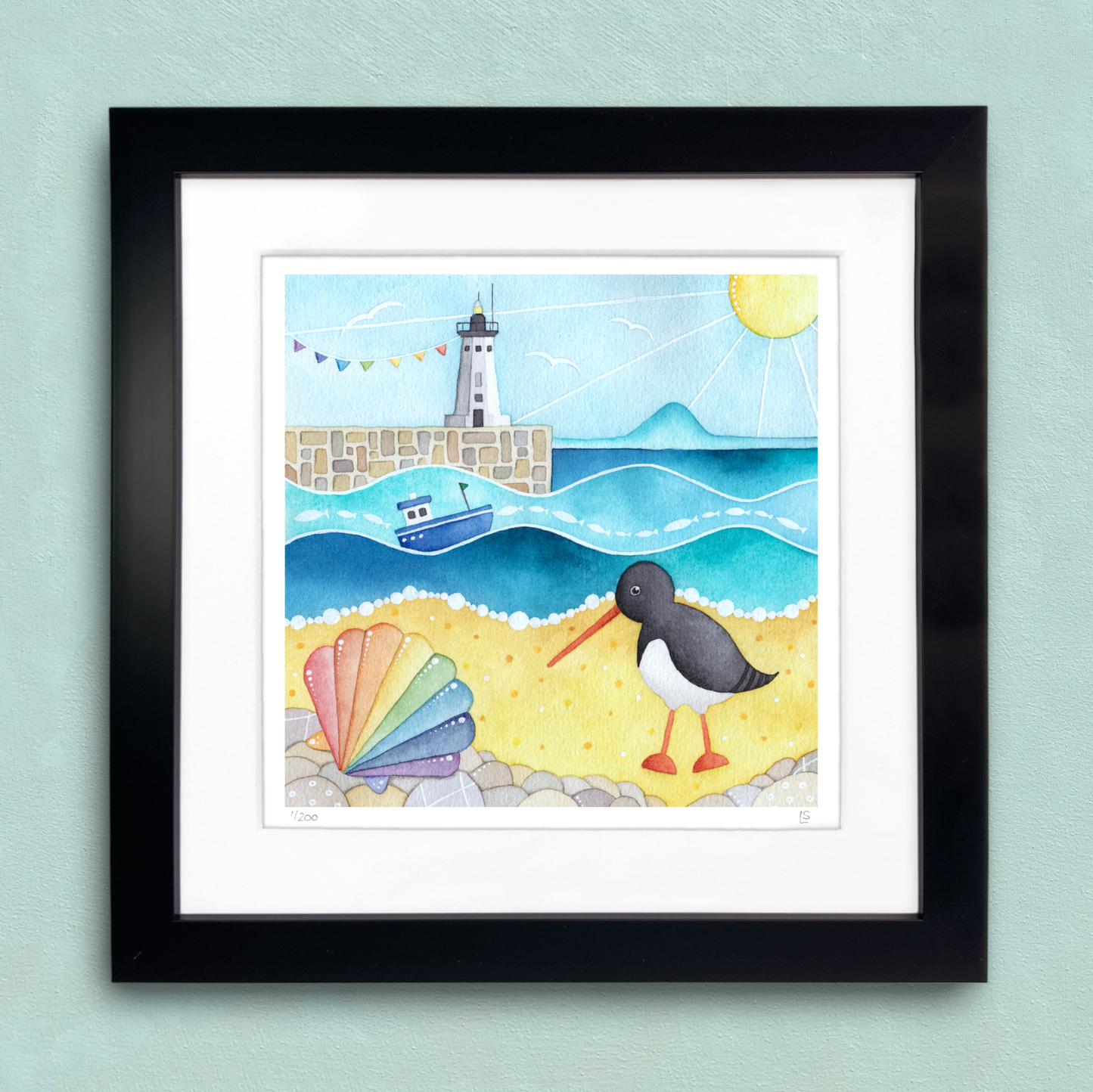 Framed Seaside Print - Oystercatcher and Anstruther Lighthouse - East Neuk of Fife Watercolour Painting