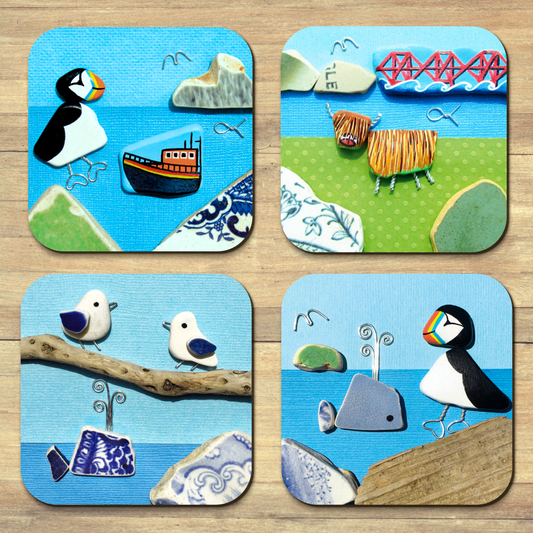 Coaster Set x 4 - Beach Pebble Art - Puffins, Seagulls, Blue Tits, Highland Cows