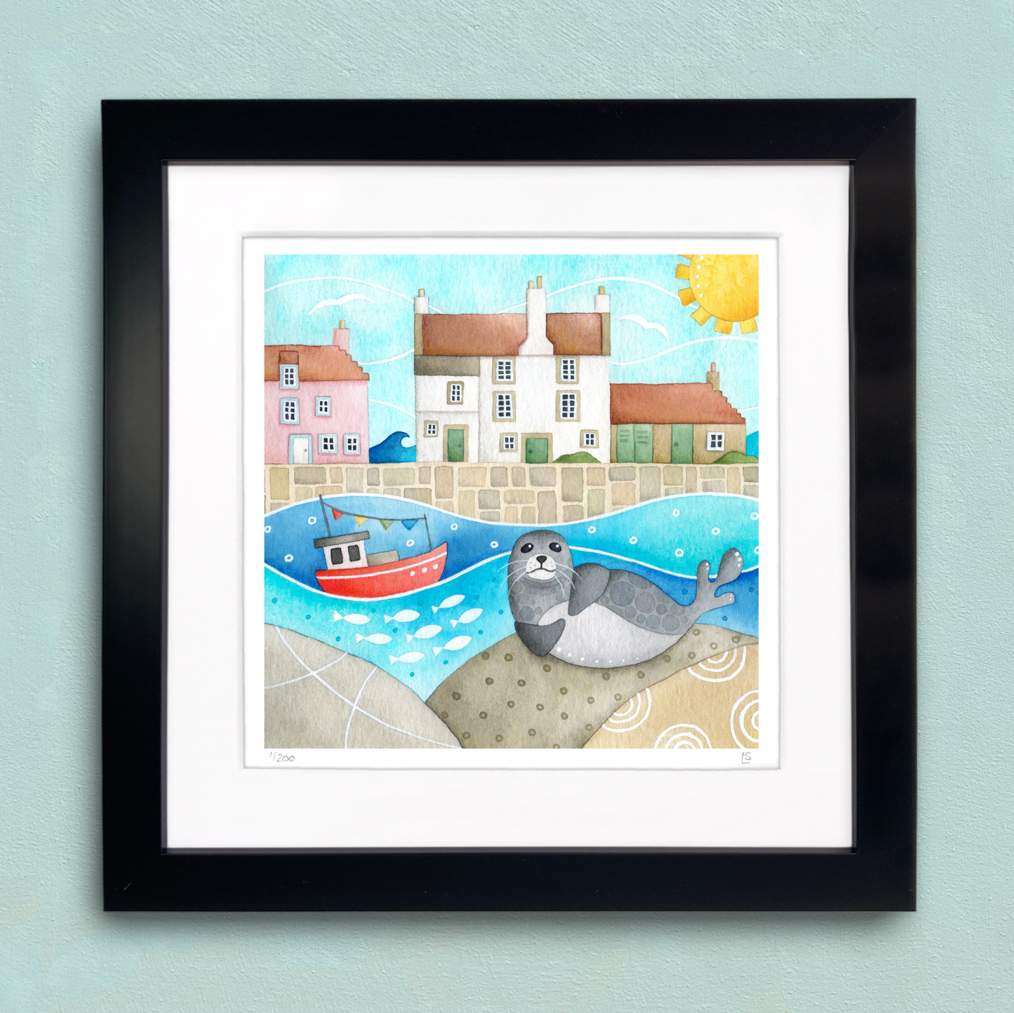 Framed Seaside Print - Sammy Seal at Pittenweem Harbour - East Neuk of Fife Watercolour Painting