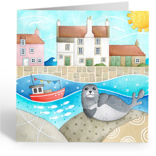 Greetings Card - Sammy Seal at Pittenweem Harbour  - Scottish Watercolour Painting