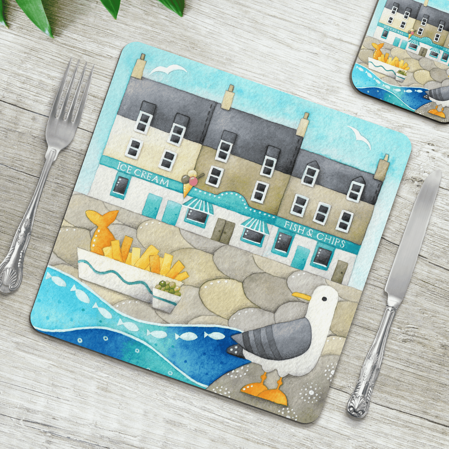 Placemat - Fish and Chips with Anstruther Seagull - Seaside Table Mats - East Neuk Beach Crafts