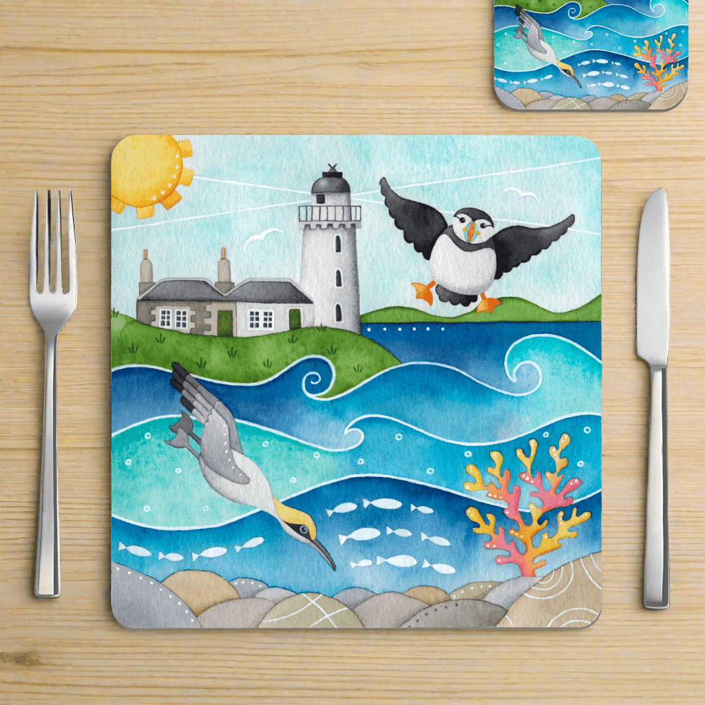 Placemat - Puffin, Diving Gannet & Lighthouse, Isle of May - Seaside Table Mats - East Neuk Beach Crafts