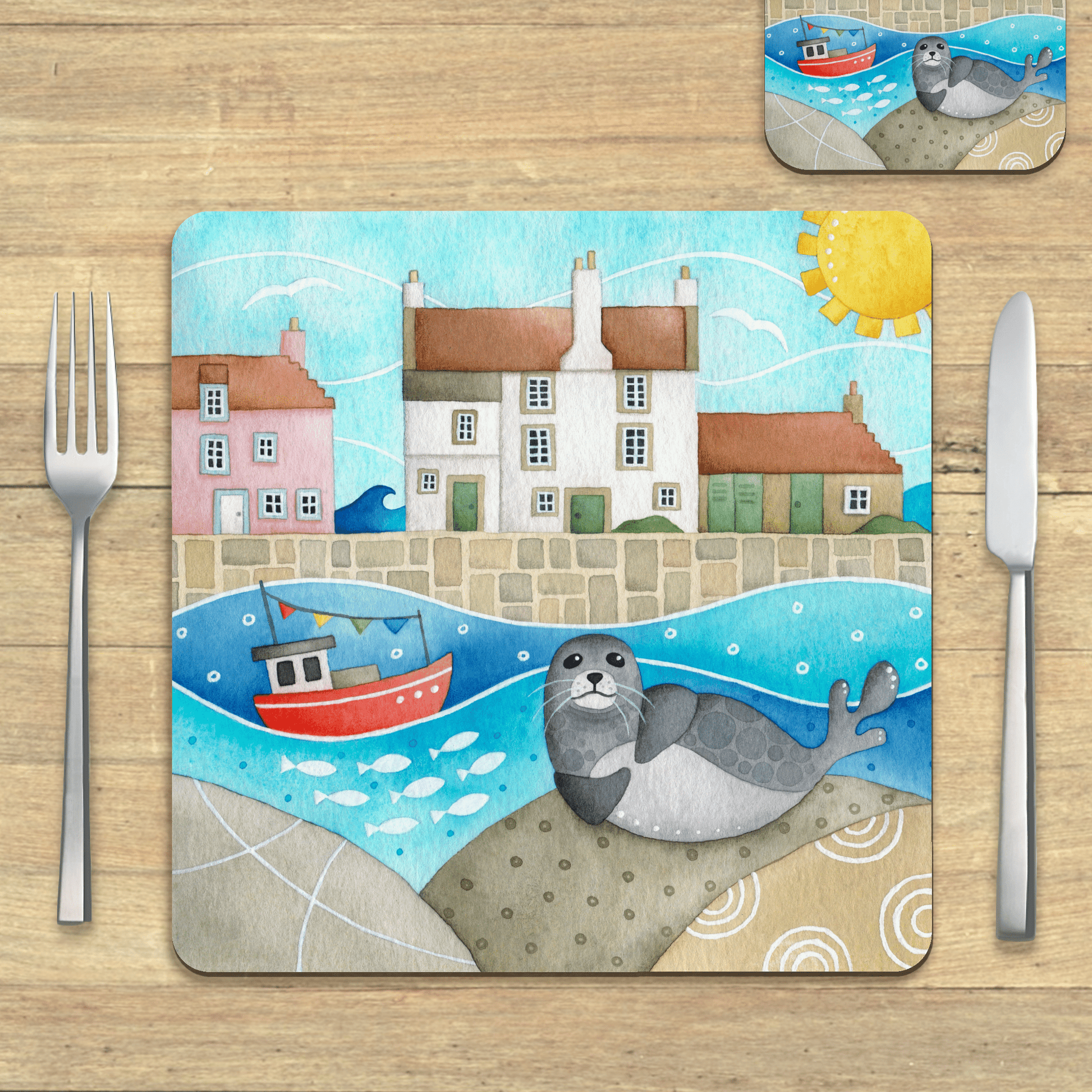 Placemat - Sammy Seal at Pittenweem Harbour - Seaside Table Mats - East Neuk Beach Crafts