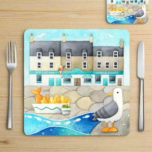 Placemat - Fish and Chips with Anstruther Seagull - Seaside Table Mats