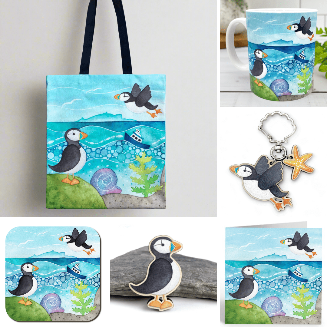 Puffin Gift Bundle - Isle of May - Tote, Mug, Keyring, Coaster, Fridge Magnet, Card - Save £5 - East Neuk Beach Crafts