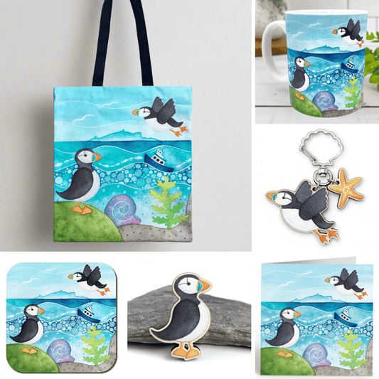 Puffin Gift Bundle - Isle of May - Tote, Mug, Keyring, Coaster, Fridge Magnet, Card - Save £5 - East Neuk Beach Crafts