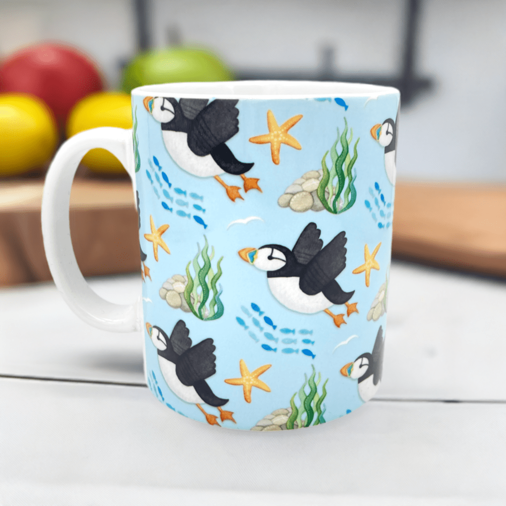 Puffin Pattern Mug - Flying Puffins - Seaside Ceramic Mug - East Neuk Beach Crafts