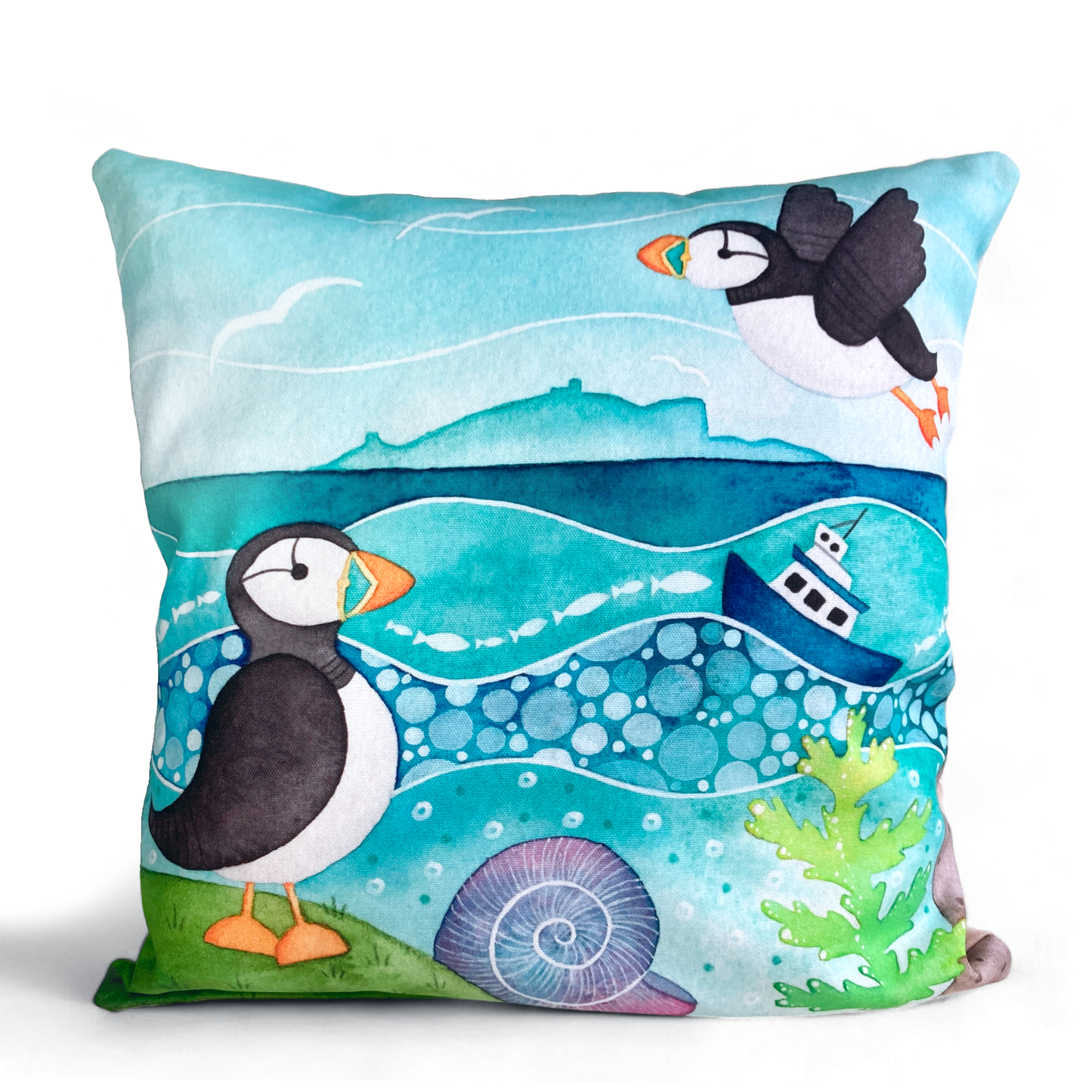 Cushion Cover - Puffins and the Isle of May - Seaside Watercolours