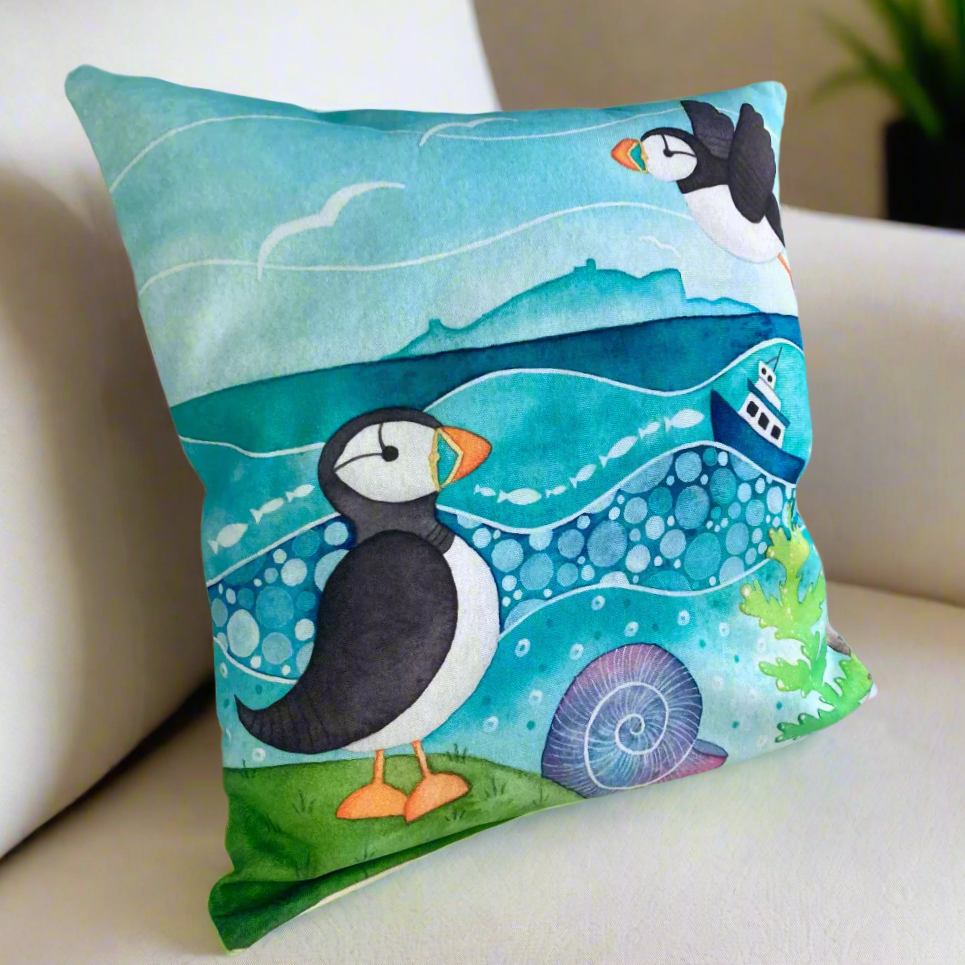 Cushion Cover - Puffins and the Isle of May - Seaside Watercolours