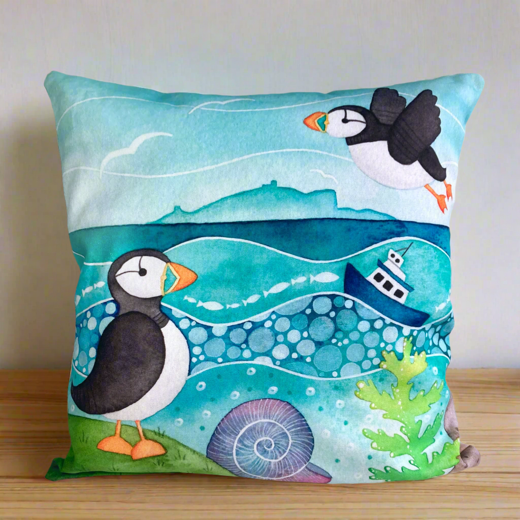 Cushion Cover - Puffins and the Isle of May - Seaside Watercolours