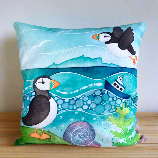 Cushion Cover - Puffins and the Isle of May - Seaside Watercolours