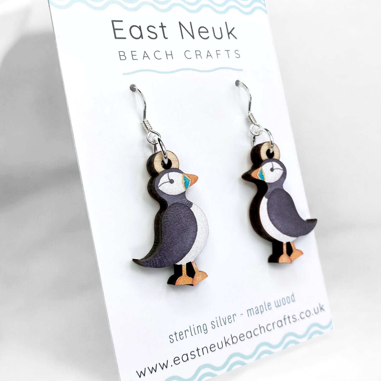 Wooden Earrings - Puffin - Sterling Silver and Maple Wood