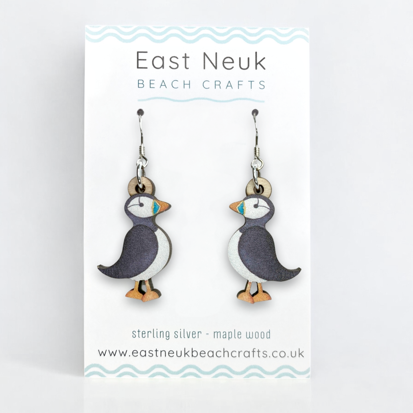 Wooden Earrings - Puffin - Sterling Silver and Maple Wood