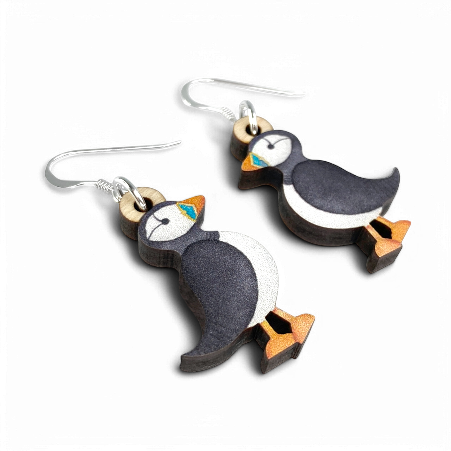 Wooden Earrings - Puffin - Sterling Silver and Maple Wood