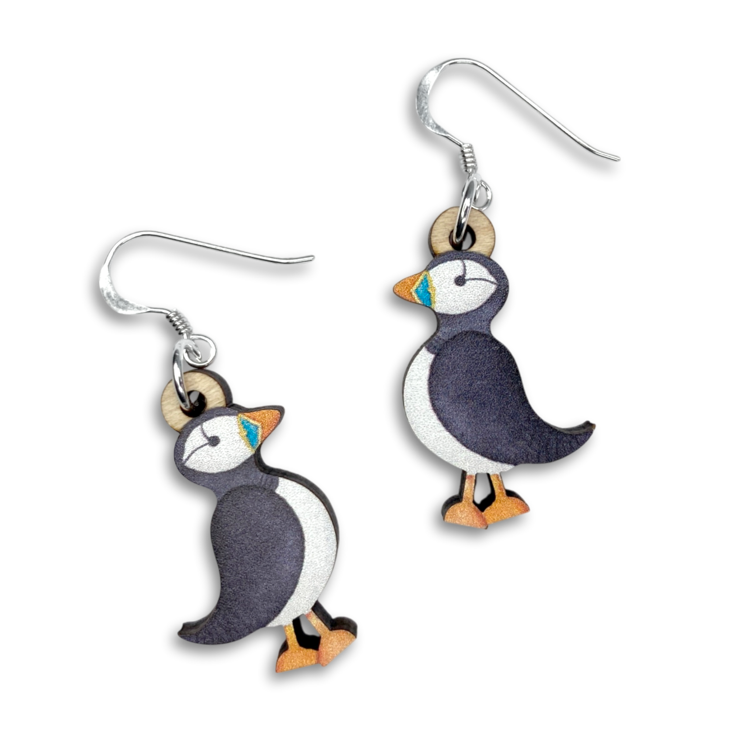 Wooden Earrings - Puffin - Sterling Silver and Maple Wood