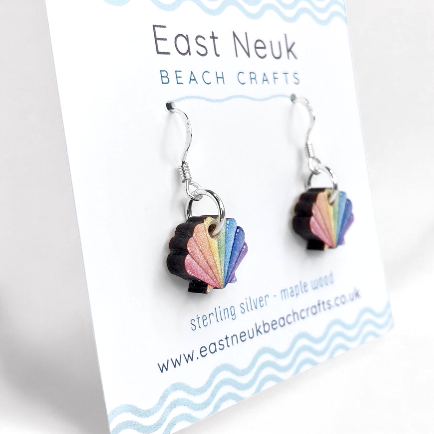 Wooden Earrings - Tiny Scallop Shell - Sterling Silver and Maple Wood