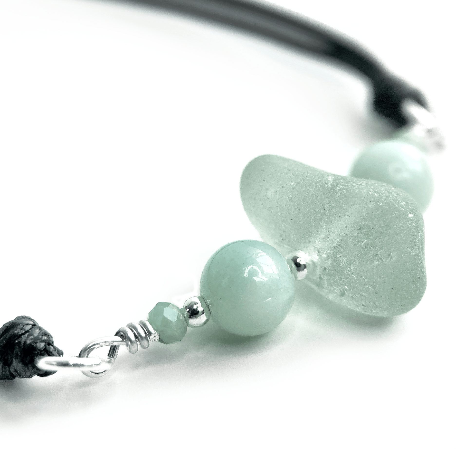 Sea Glass Bracelet with Green Amazonite Crystal Beads on Black Waxed Cord - Sterling Silver Jewellery - East Neuk Beach Crafts