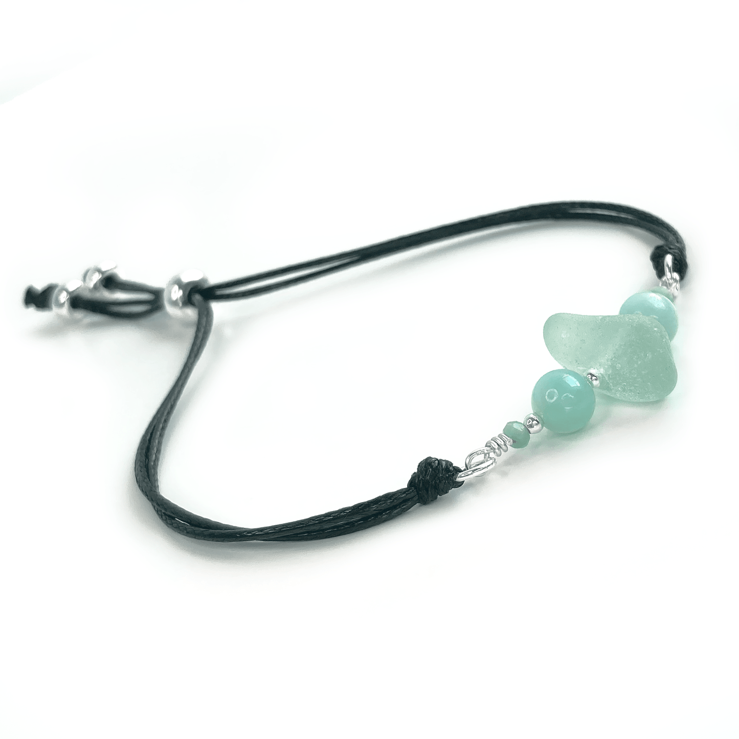 Sea Glass Bracelet with Green Amazonite Crystal Beads on Black Waxed Cord - Sterling Silver Jewellery - East Neuk Beach Crafts