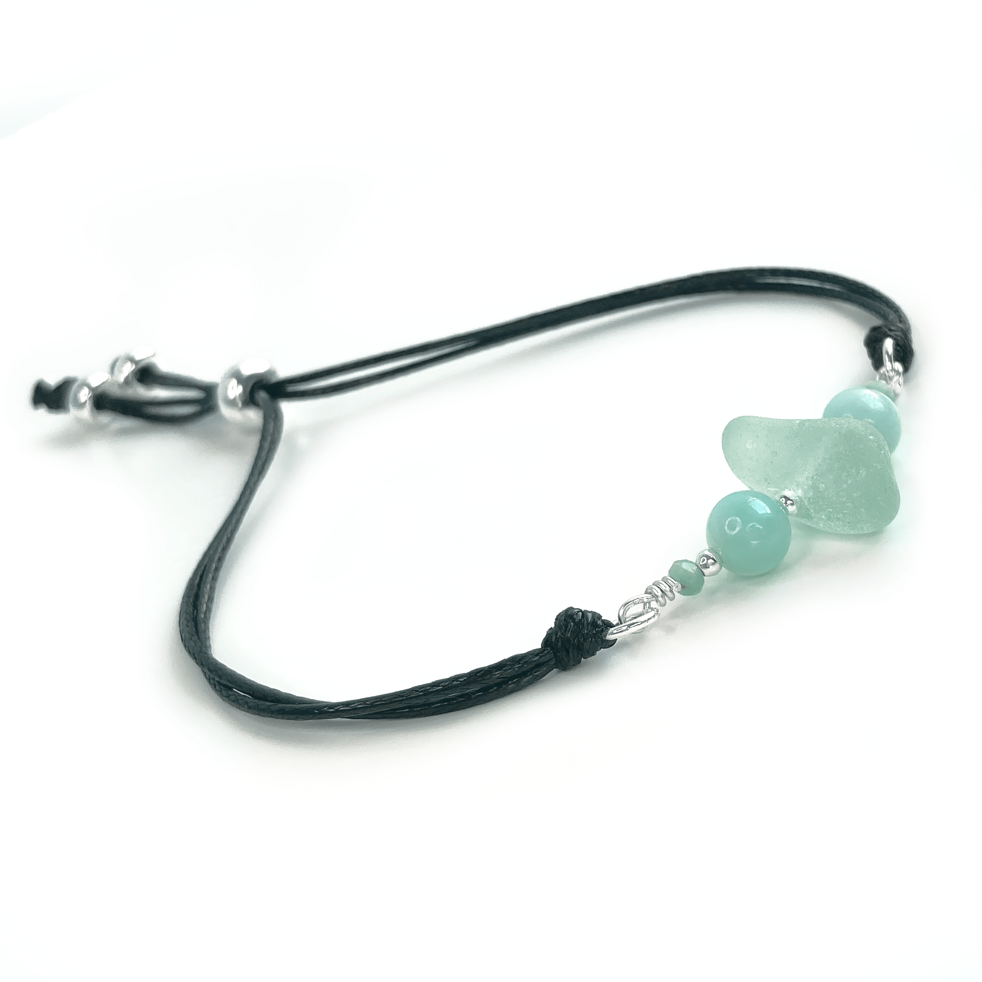 Sea Glass Bracelet with Green Amazonite Crystal Beads on Black Waxed Cord - Sterling Silver Jewellery - East Neuk Beach Crafts