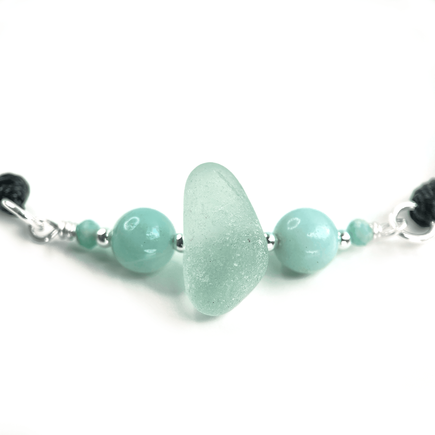 Sea Glass Bracelet with Green Amazonite Crystal Beads on Black Waxed Cord - Sterling Silver Jewellery - East Neuk Beach Crafts