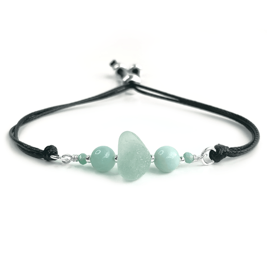 Sea Glass Bracelet with Green Amazonite Crystal Beads on Black Waxed Cord - Sterling Silver Jewellery - East Neuk Beach Crafts