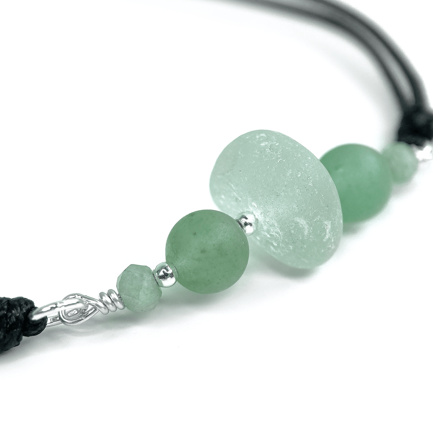 Sea Glass Bracelet with Green Aventurine Crystal Beads on Black Waxed Cord - Sterling Silver Jewellery - East Neuk Beach Crafts