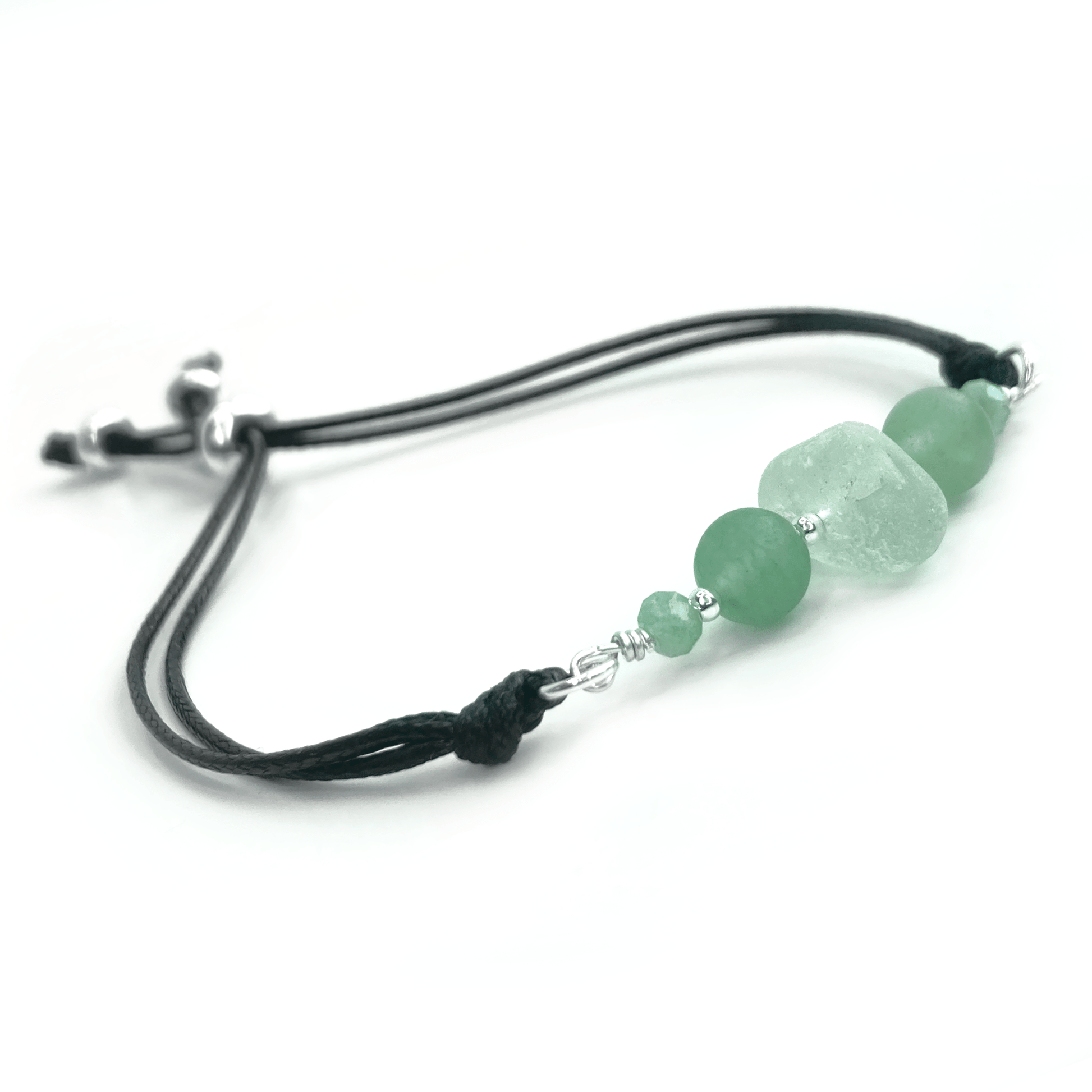 Sea Glass Bracelet with Green Aventurine Crystal Beads on Black Waxed Cord - Sterling Silver Jewellery - East Neuk Beach Crafts