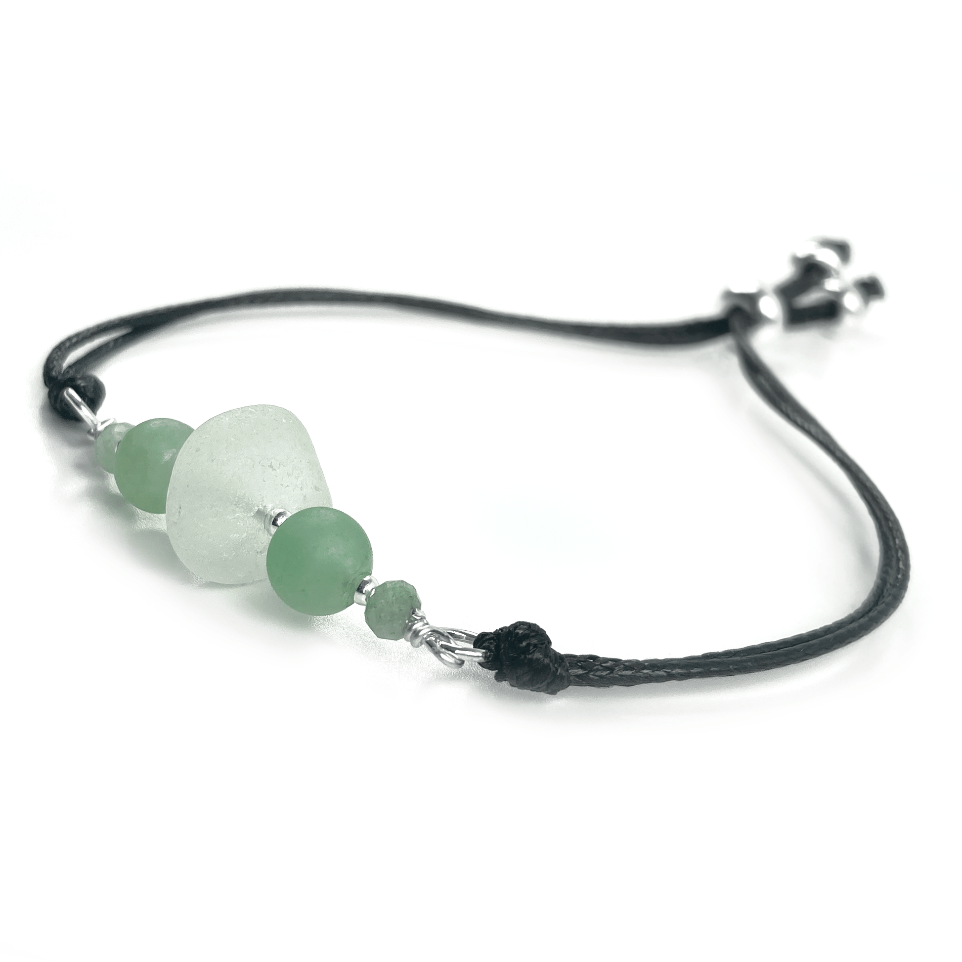 Sea Glass Bracelet with Green Aventurine Crystal Beads on Black Waxed Cord - Sterling Silver Jewellery - East Neuk Beach Crafts