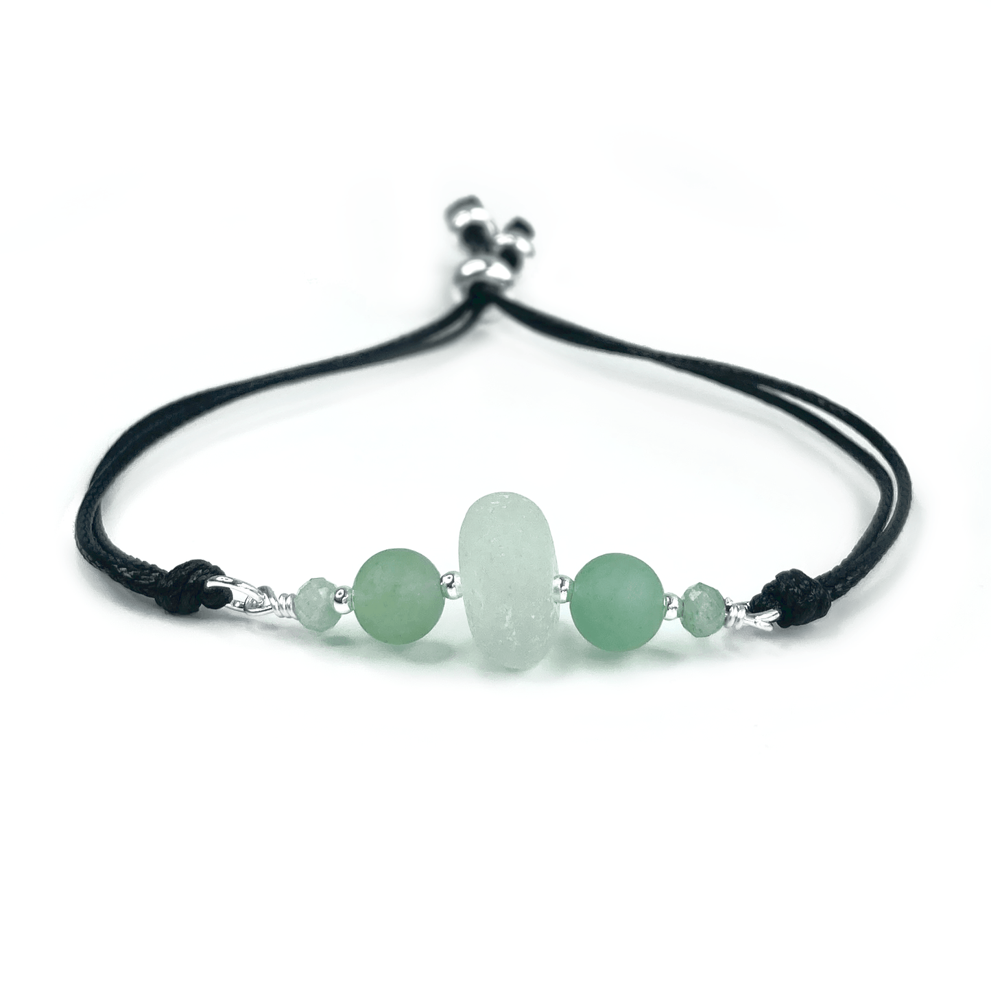 Sea Glass Bracelet with Green Aventurine Crystal Beads on Black Waxed Cord - Sterling Silver Jewellery - East Neuk Beach Crafts