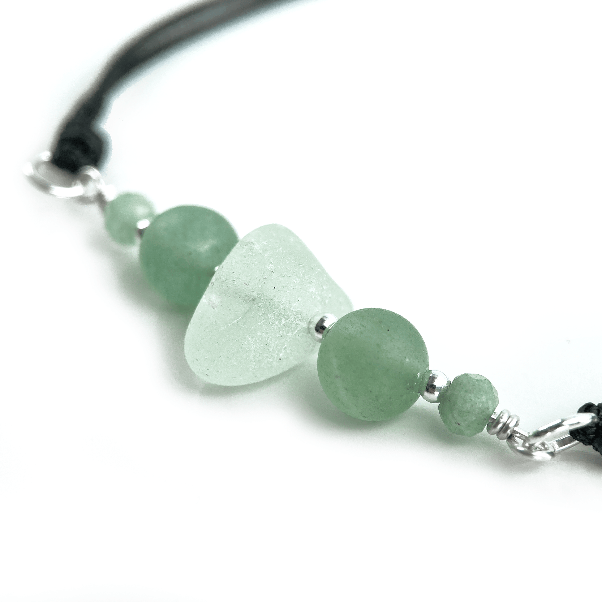 Sea Glass Bracelet with Green Aventurine Crystal Beads on Black Waxed Cord - Sterling Silver Jewellery - East Neuk Beach Crafts