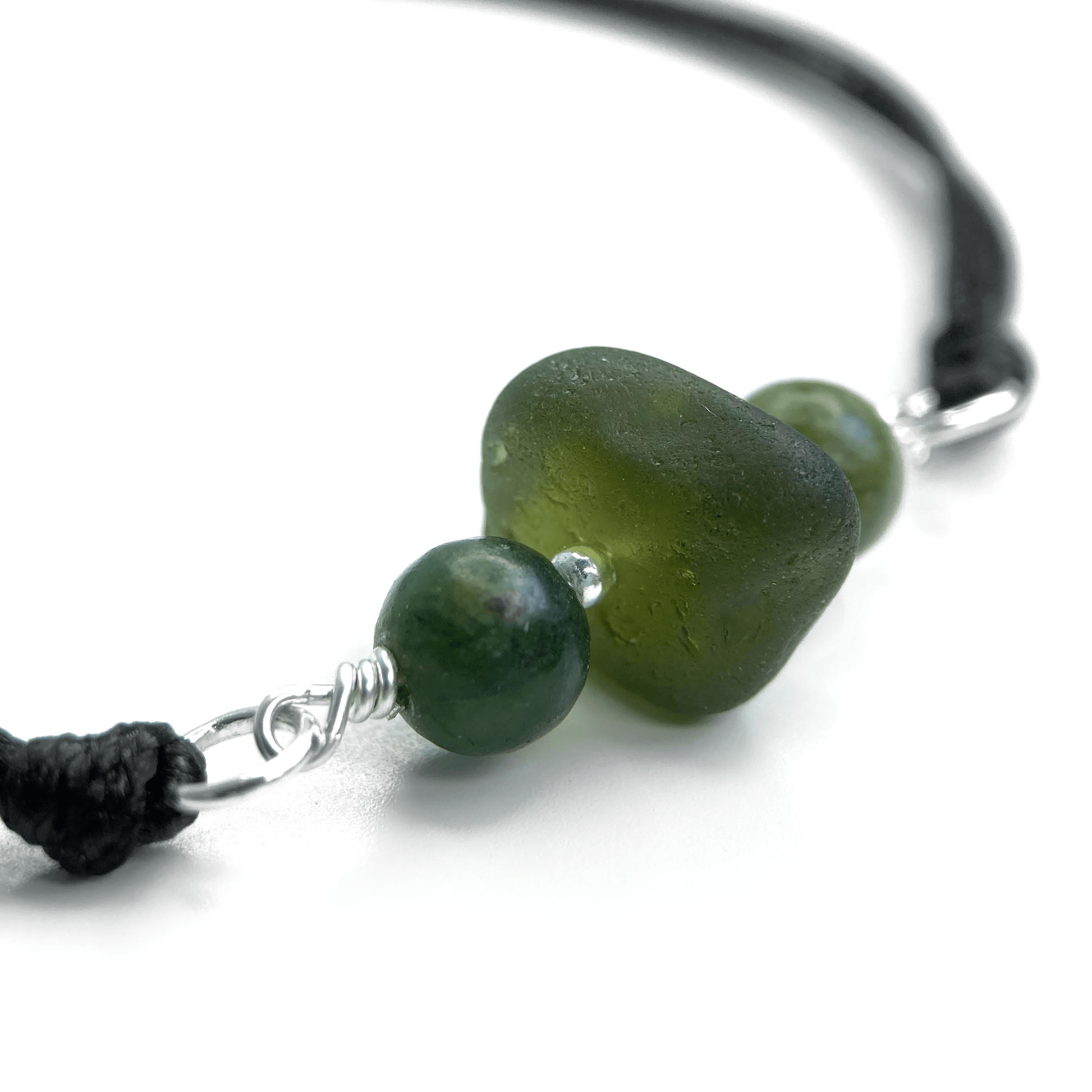 Sea Glass Bracelet with Green Jade Crystal Beads on Black Waxed Cord - Sterling Silver Jewellery - East Neuk Beach Crafts