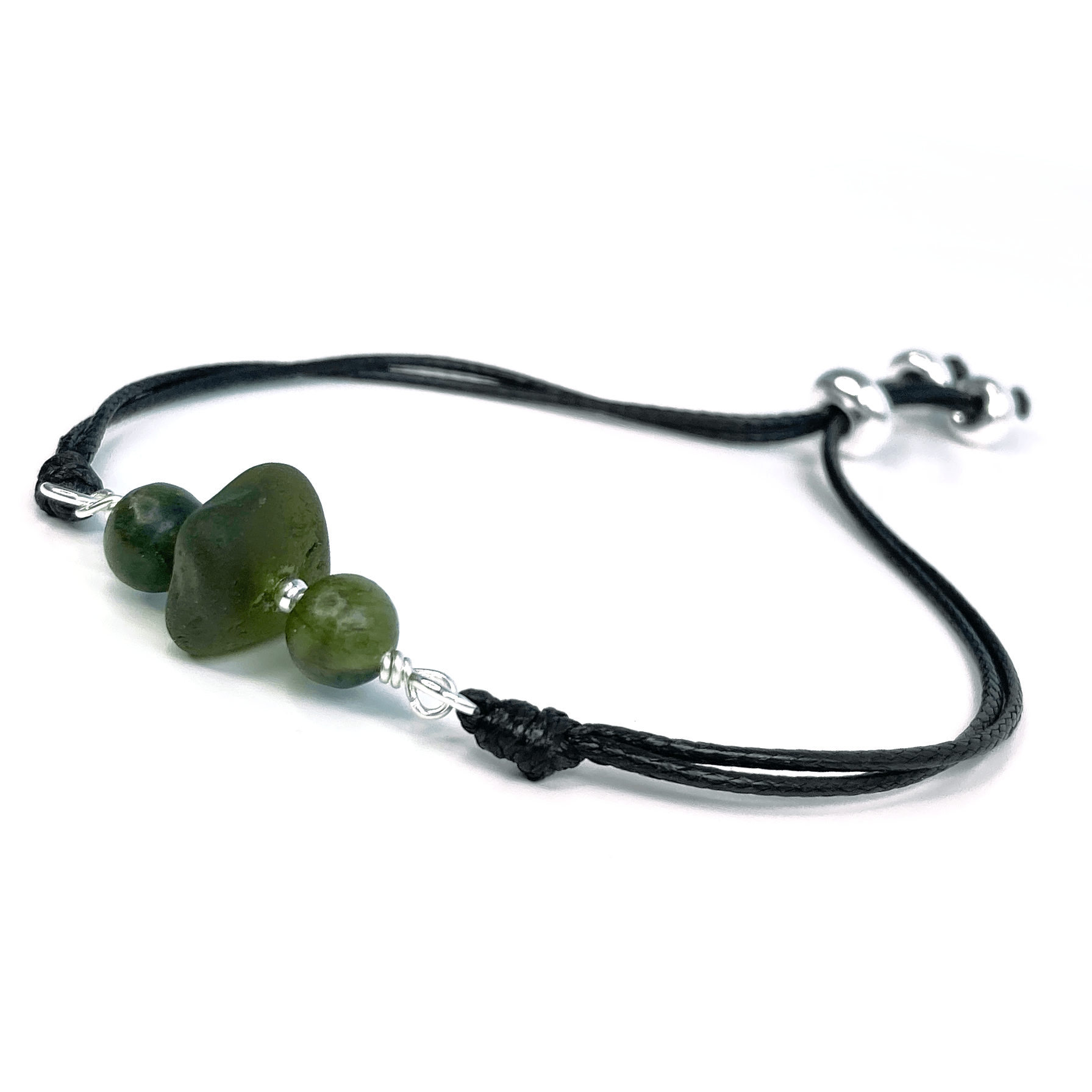 Sea Glass Bracelet with Green Jade Crystal Beads on Black Waxed Cord - Sterling Silver Jewellery - East Neuk Beach Crafts