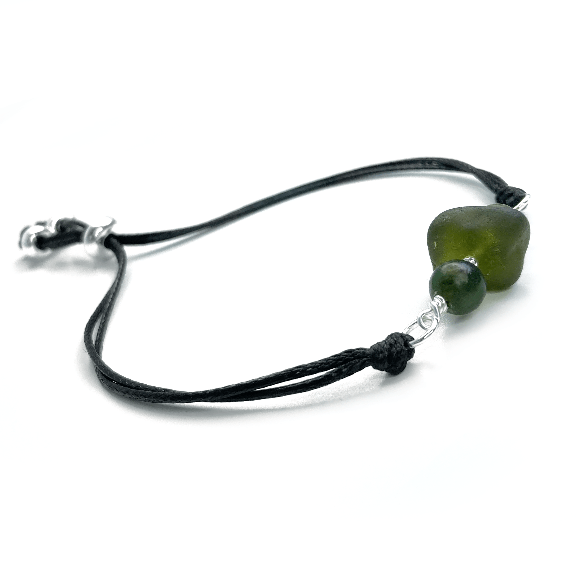 Sea Glass Bracelet with Green Jade Crystal Beads on Black Waxed Cord - Sterling Silver Jewellery - East Neuk Beach Crafts