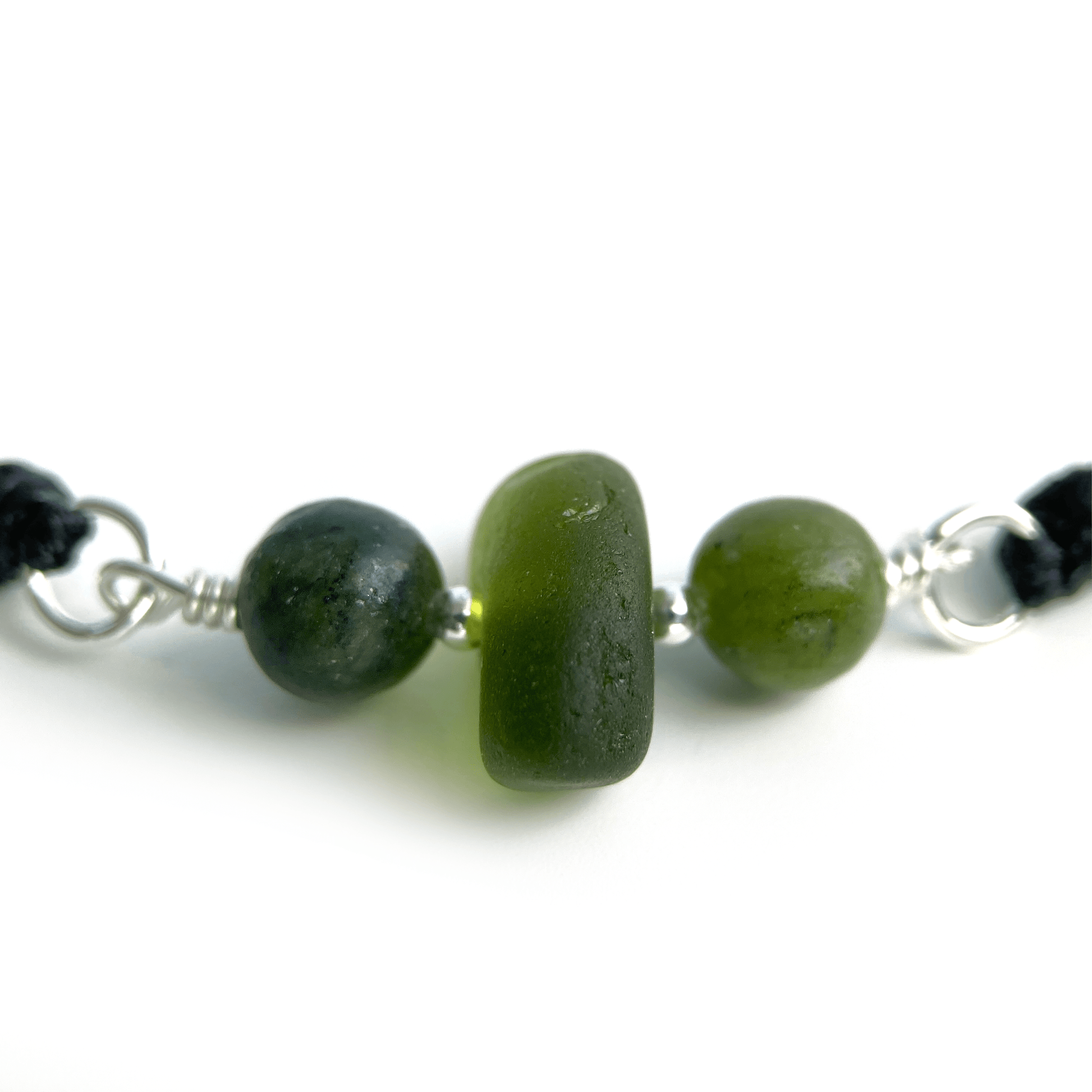 Sea Glass Bracelet with Green Jade Crystal Beads on Black Waxed Cord - Sterling Silver Jewellery - East Neuk Beach Crafts