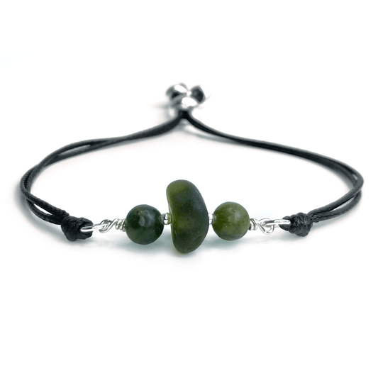 Sea Glass Bracelet with Green Jade Crystal Beads on Black Waxed Cord - Sterling Silver Jewellery - East Neuk Beach Crafts