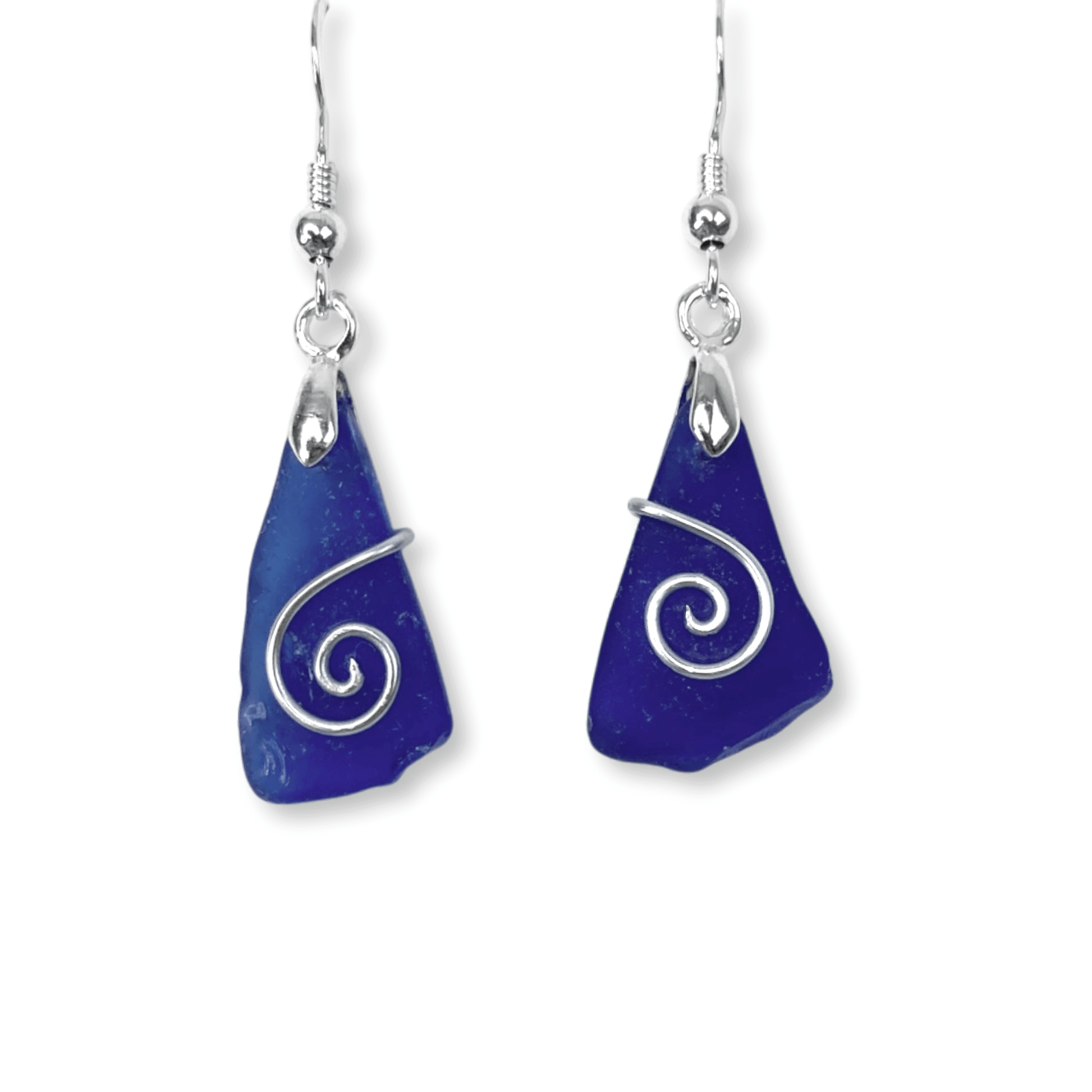 Sea Glass Earrings - Dark Blue Celtic Silver Wire Wrapped Jewellery - East Neuk Beach Crafts