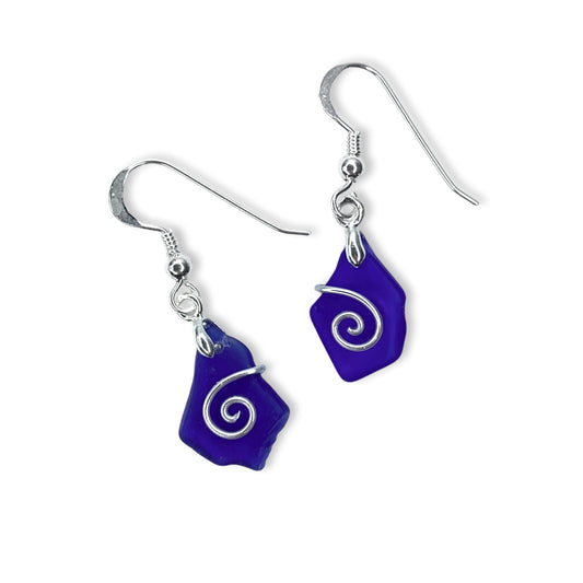 Sea Glass Earrings - Dark Blue Celtic Silver Wire Wrapped Jewellery - East Neuk Beach Crafts