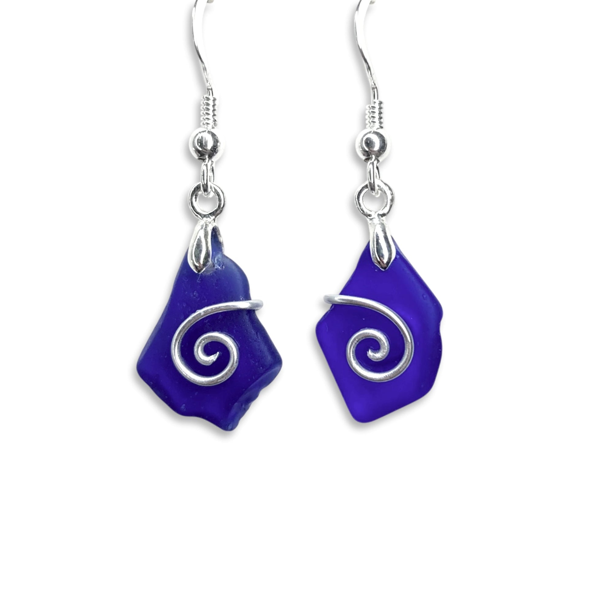 Sea Glass Earrings - Dark Blue Celtic Silver Wire Wrapped Jewellery - East Neuk Beach Crafts