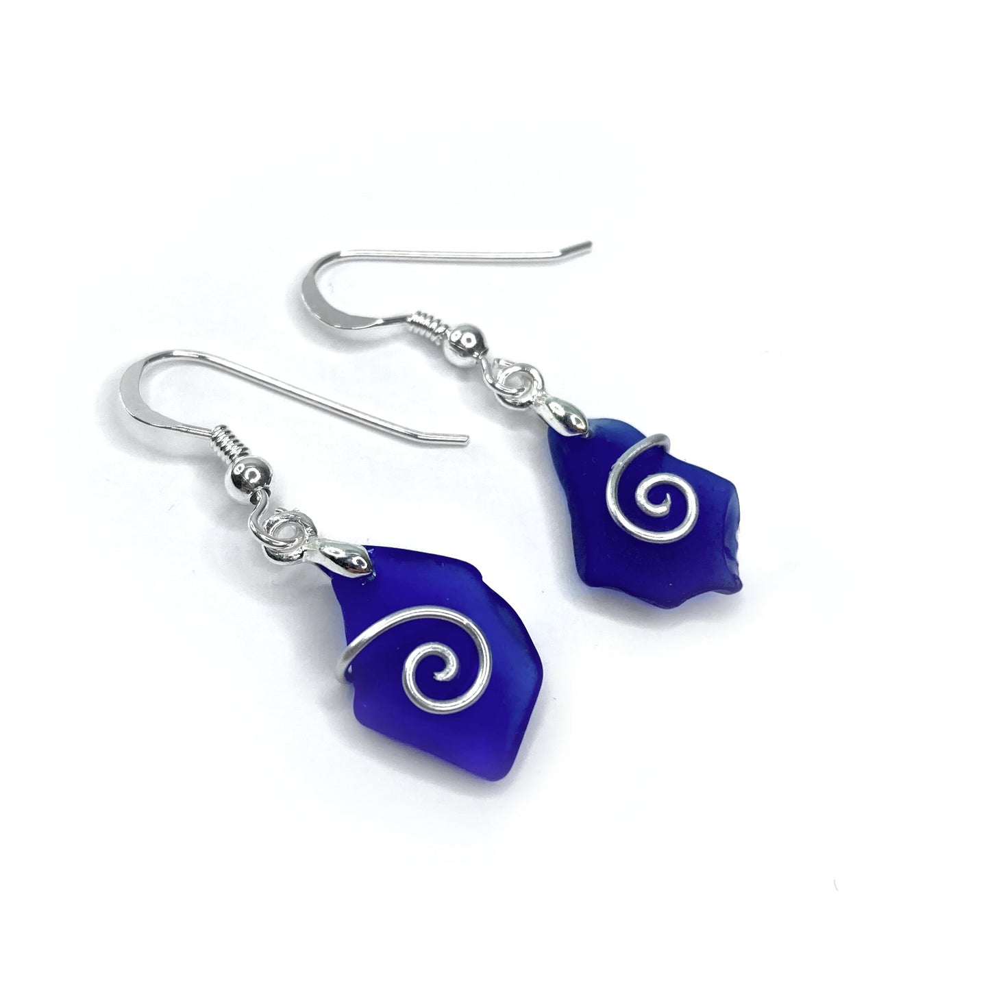 Sea Glass Earrings - Dark Blue Celtic Silver Wire Wrapped Jewellery - East Neuk Beach Crafts