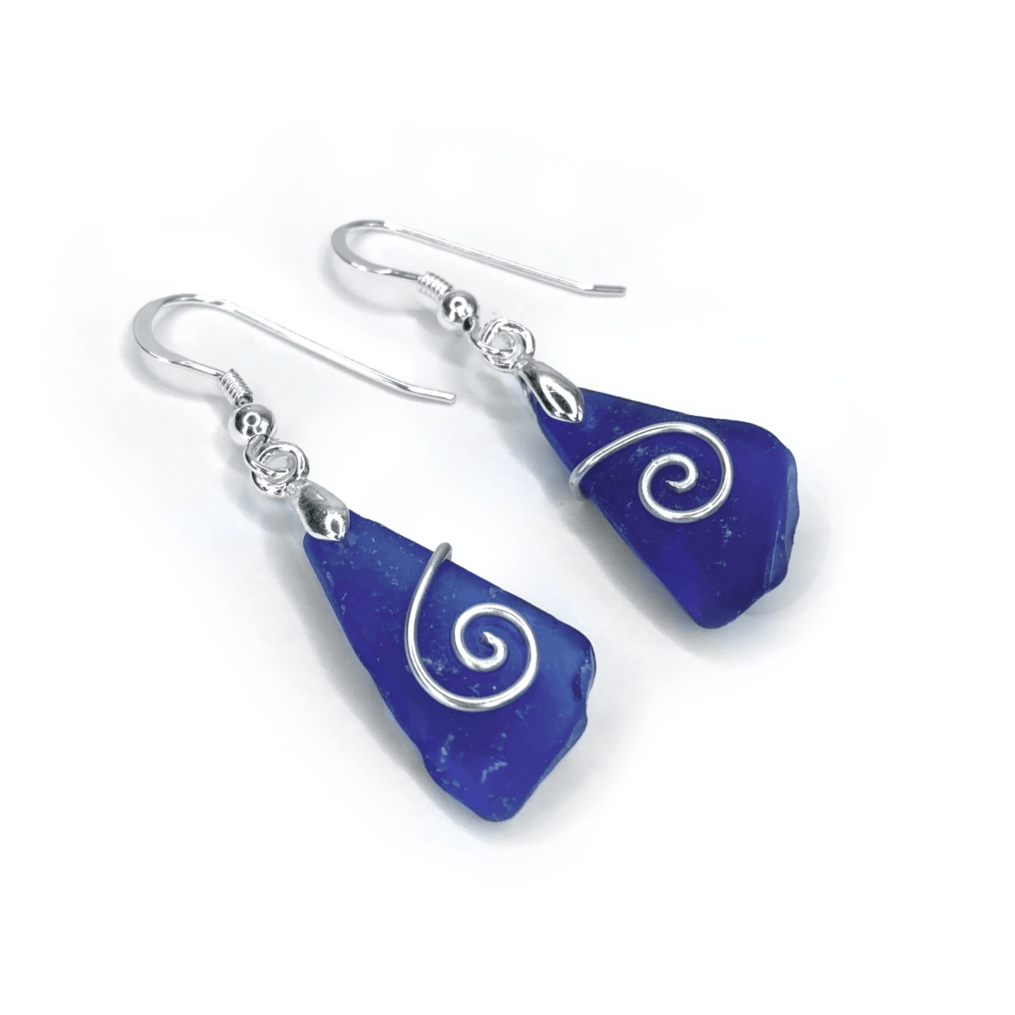 Sea Glass Earrings - Dark Blue Celtic Silver Wire Wrapped Jewellery - East Neuk Beach Crafts