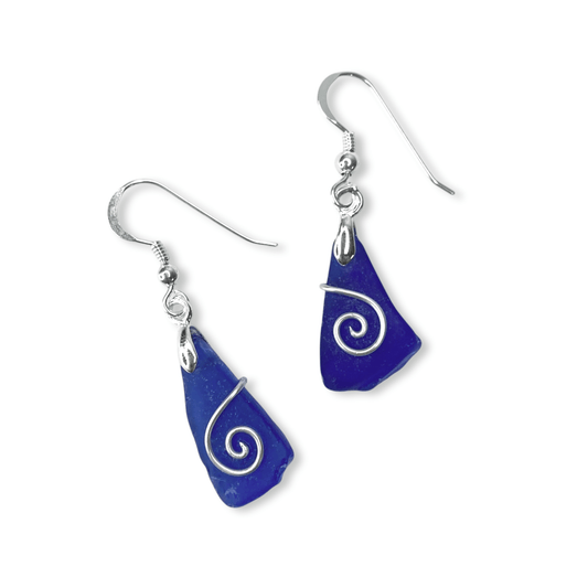 Sea Glass Earrings - Dark Blue Celtic Silver Wire Wrapped Jewellery - East Neuk Beach Crafts