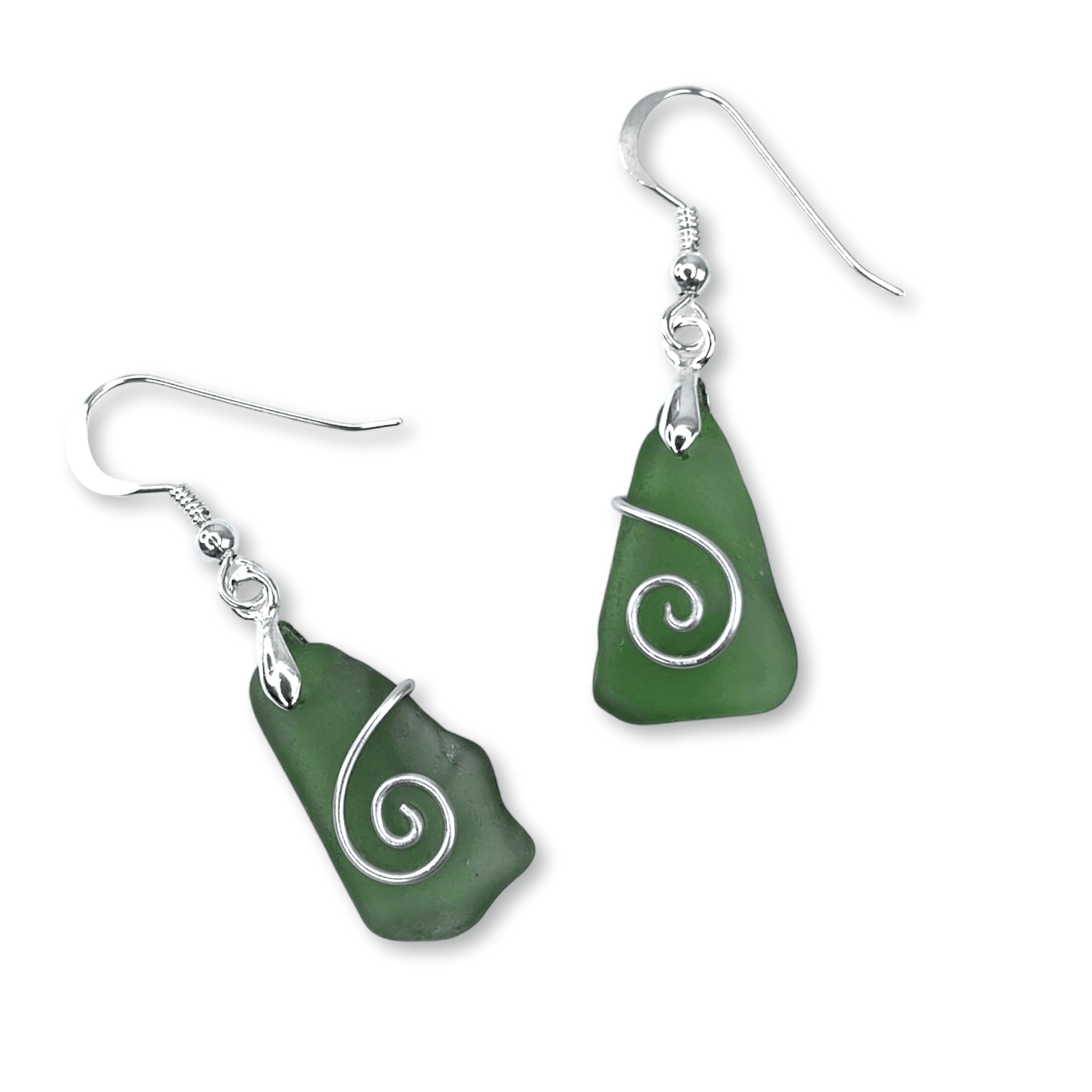 Sea Glass Earrings - Olive Green Celtic Silver Wire Wrapped Jewellery - East Neuk Beach Crafts