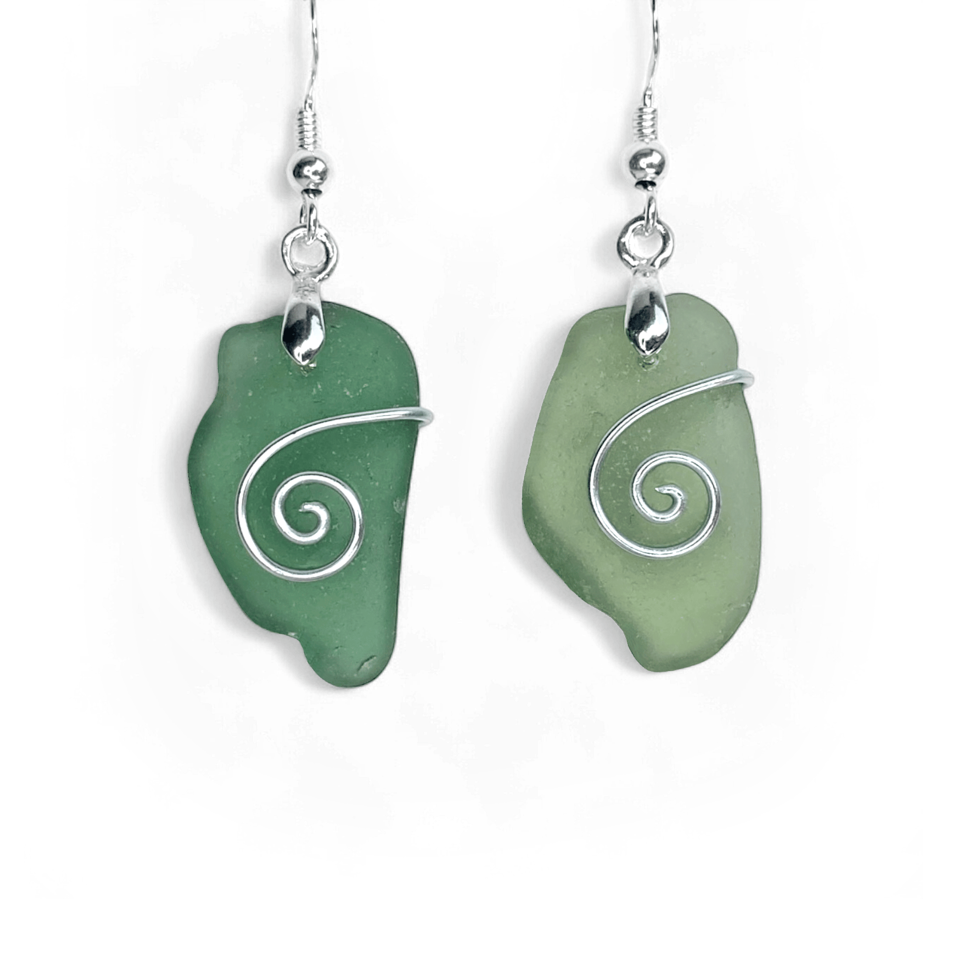 Sea Glass Earrings - Olive Green Celtic Silver Wire Wrapped Jewellery - East Neuk Beach Crafts