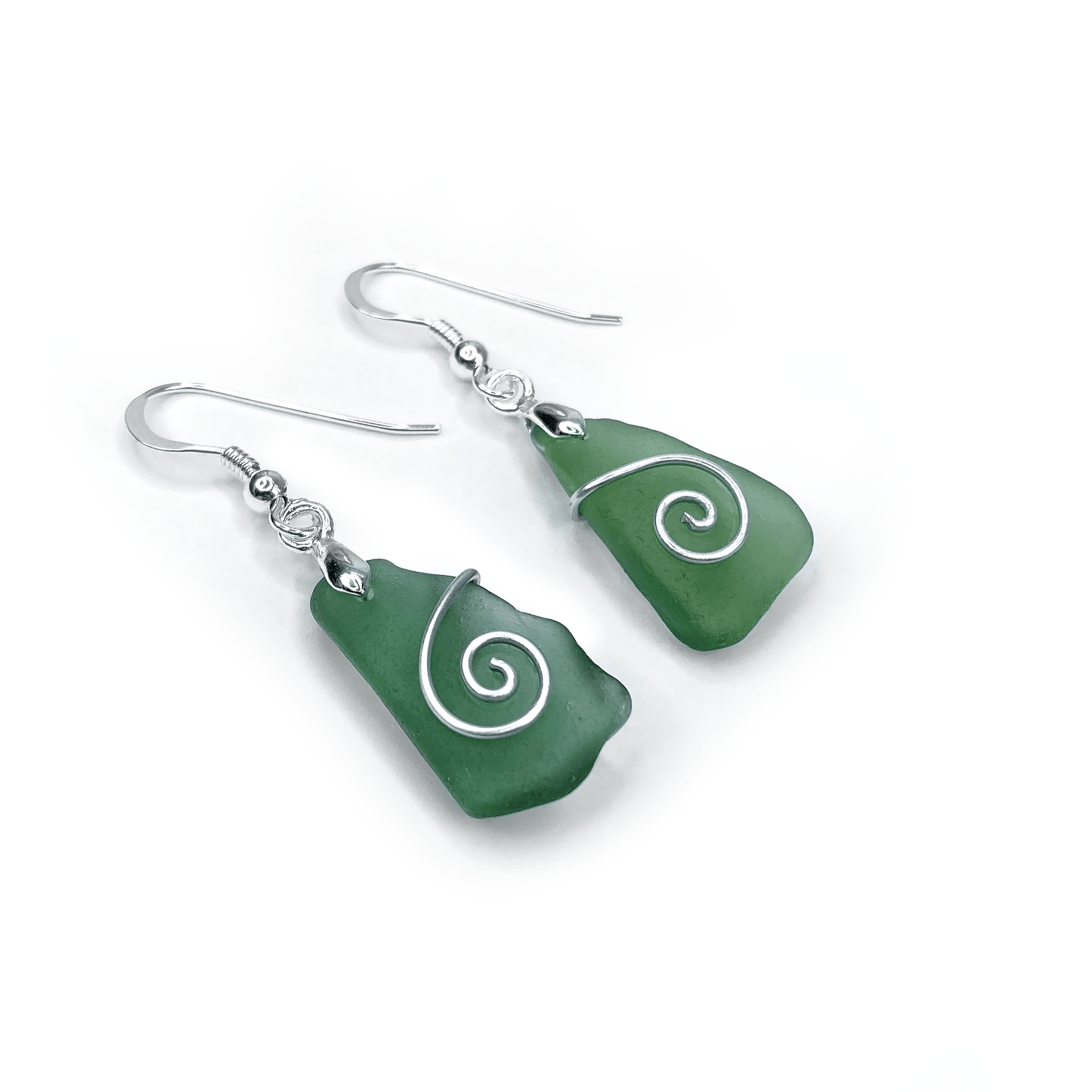 Sea Glass Earrings - Olive Green Celtic Silver Wire Wrapped Jewellery - East Neuk Beach Crafts