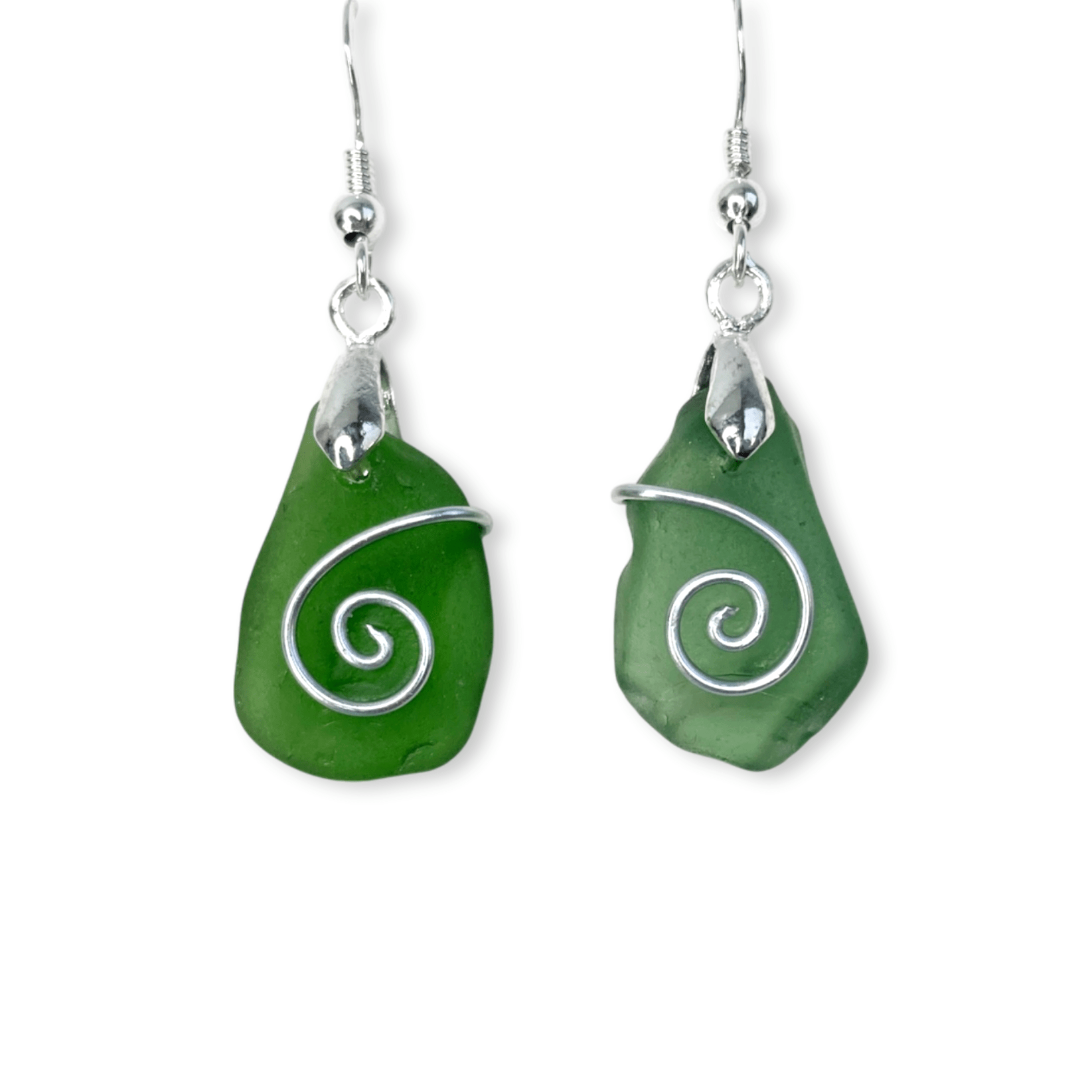 Sea Glass Earrings - Olive Green Celtic Silver Wire Wrapped Jewellery - East Neuk Beach Crafts